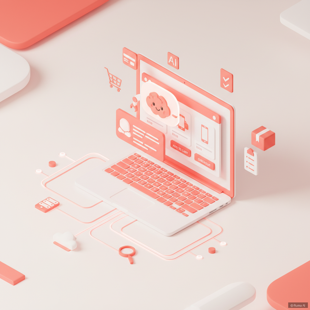 isometric 3D illustration of AI agent autonomously completing e-commerce tasks on a laptop screen, coral and white color palette, clean minimal style