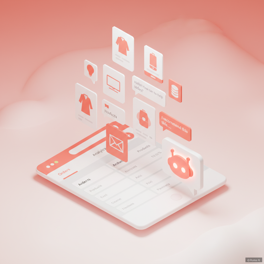 isometric 3D illustration of AI chatbot on a Shopify storefront dashboard, coral and white colors, clean minimal design with floating product cards and chat bubbles