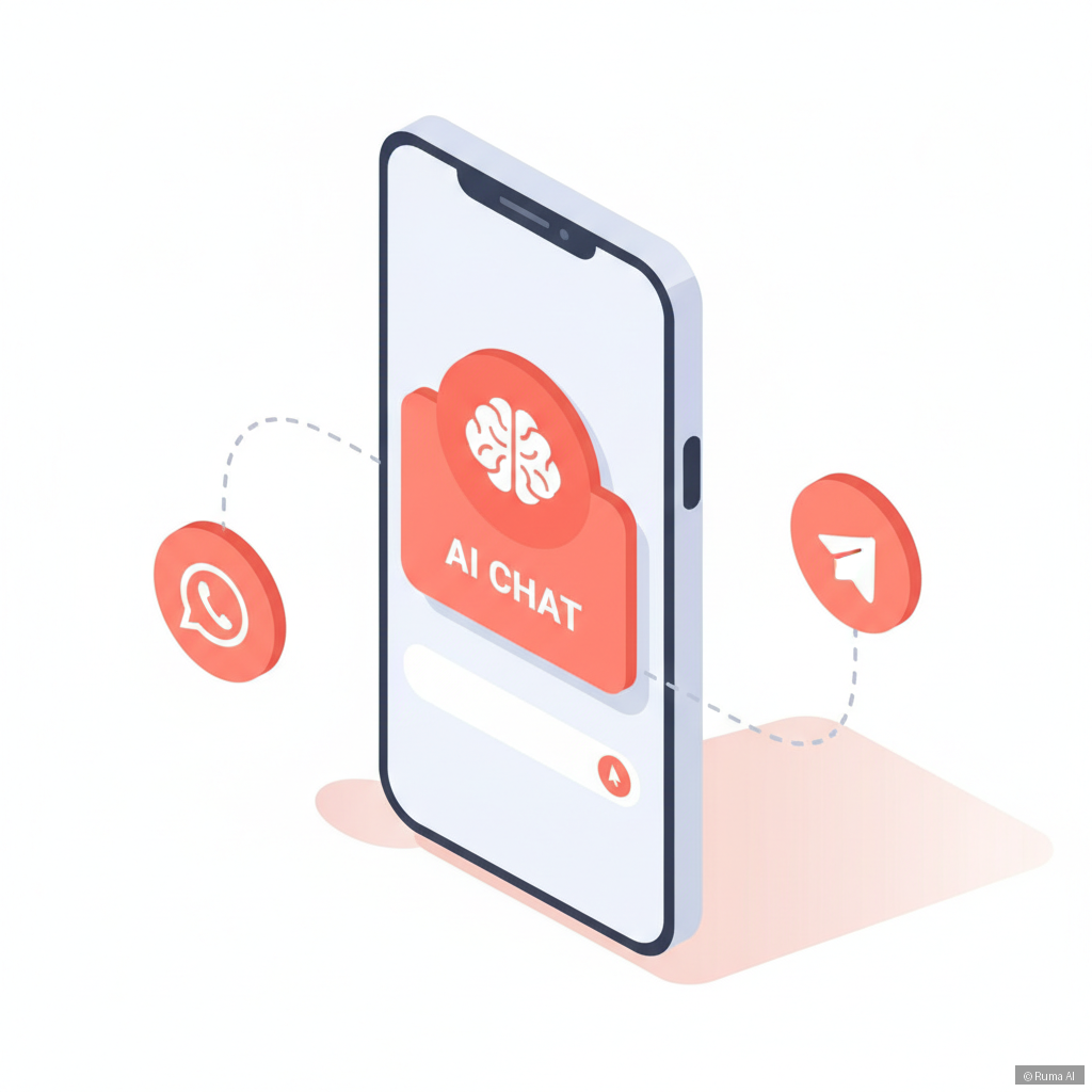 isometric 3D illustration of smartphone with WhatsApp and Telegram icons connecting to an AI chatbot interface, coral and white color palette, clean minimal style