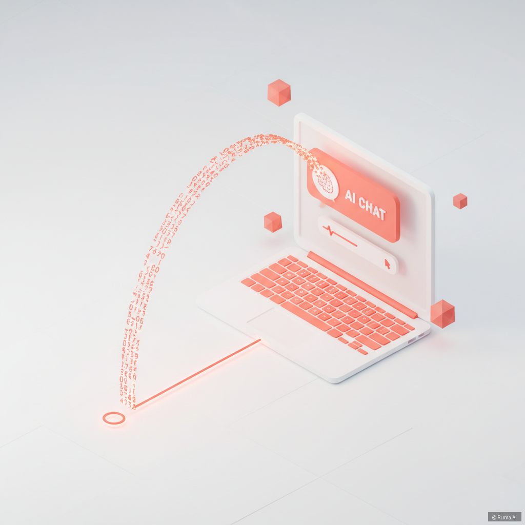 isometric 3D illustration of a single glowing line of code connecting to an AI chatbot interface on a laptop, coral and white color palette, clean minimal style