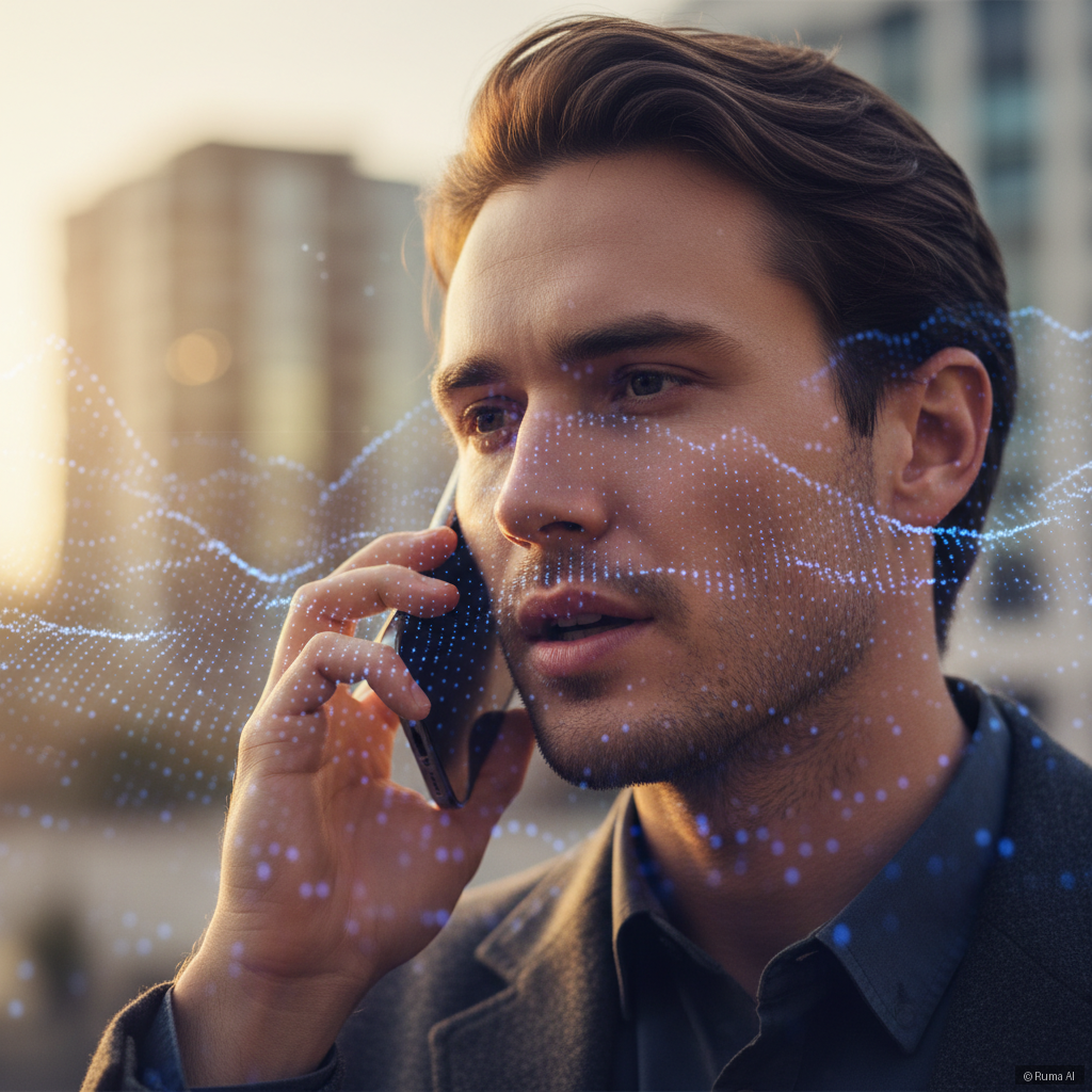 photorealistic close-up of a person speaking into a smartphone, warm golden ambient lighting, soft bokeh background with abstract AI waveform overlay, professional editorial style