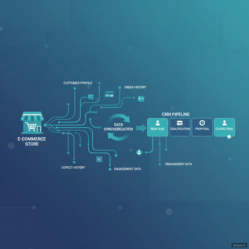 flat vector illustration of customer data flowing between e-commerce store and CRM pipeline, deep blue and teal color palette, clean infographic style