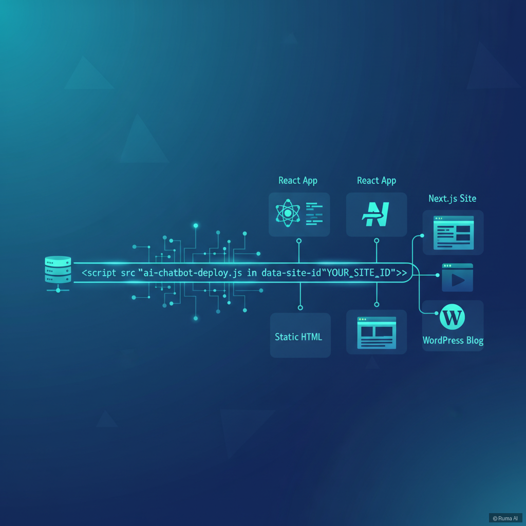 flat vector illustration of a single line of embed code deploying an AI chatbot across multiple website types including React and Next.js, deep blue and teal color palette, clean infographic style
