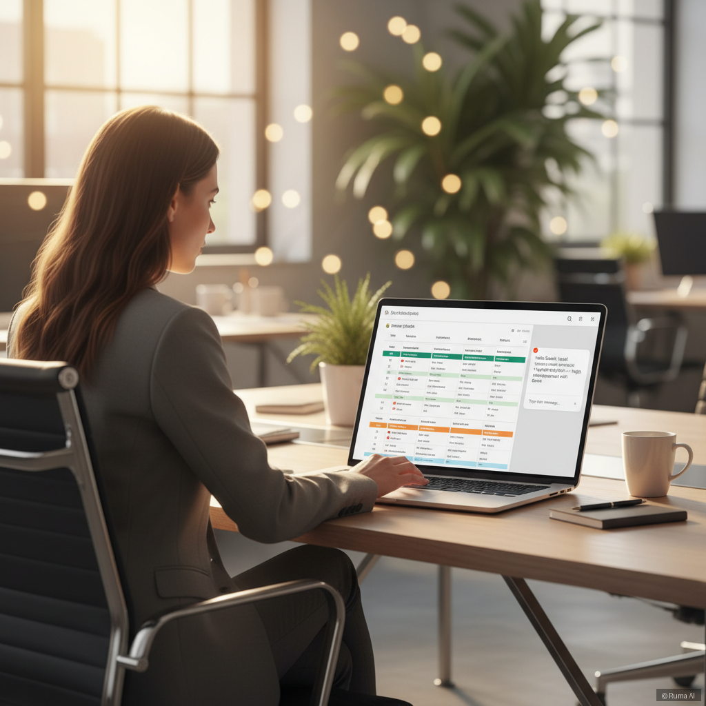 photorealistic scene of a sales professional reviewing a laptop with CRM dashboard showing populated lead pipeline, warm golden office lighting, shallow depth of field