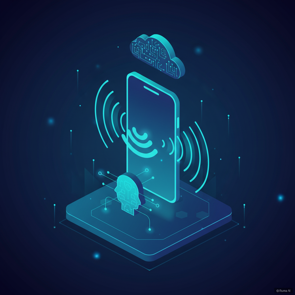 isometric 3D illustration of AI voice phone support with sound waves and glowing smartphone, deep blue and electric teal color scheme, clean minimal style