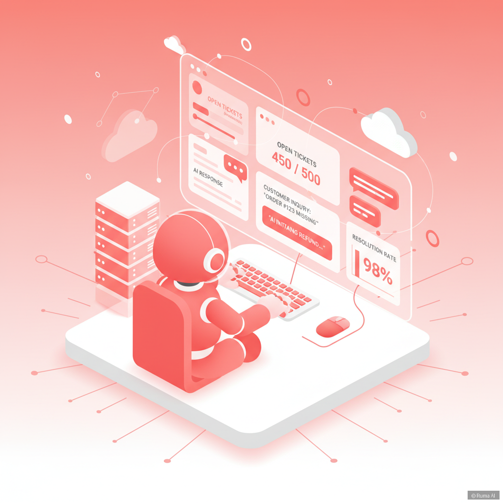 isometric 3D illustration of AI agent managing e-commerce support tickets on a dashboard, coral and white color scheme, clean and minimal style