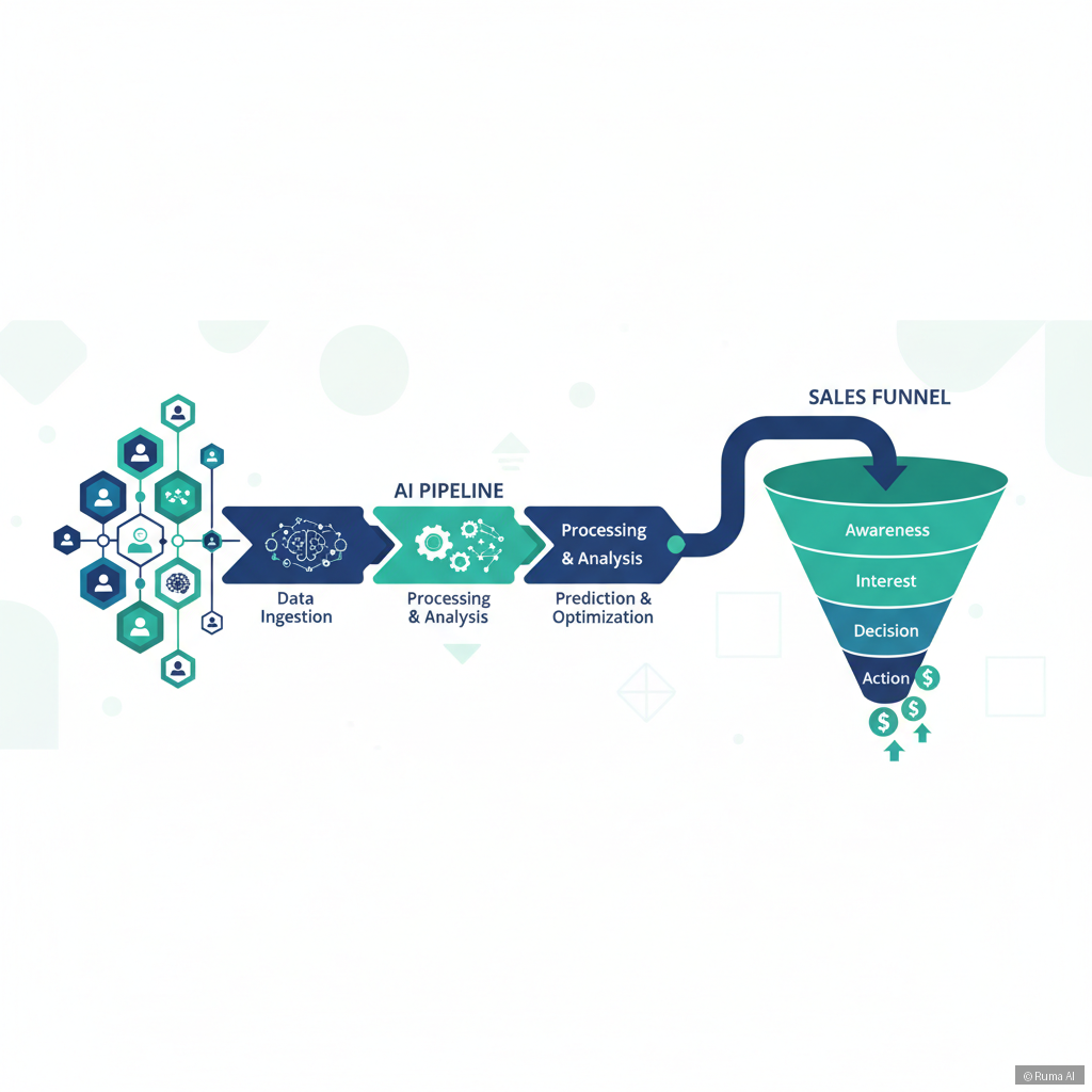 flat vector illustration of customer data flowing through AI pipeline into sales funnel, deep blue and emerald green color palette, infographic style