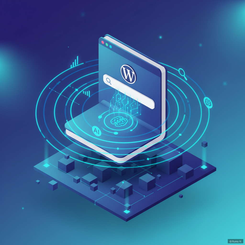 isometric 3D illustration of a WordPress website with AI search signals radiating outward, deep blue and electric teal color palette, clean modern style