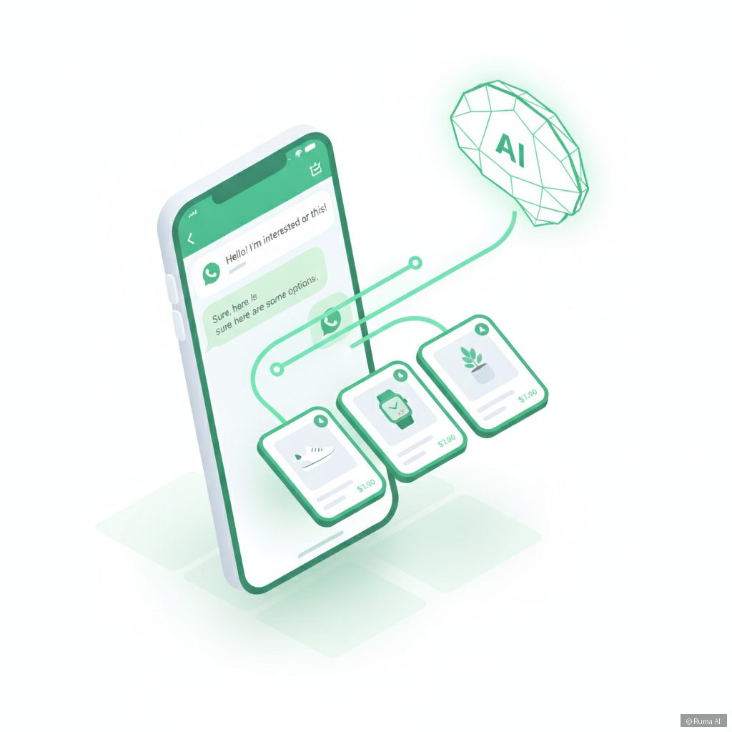 isometric 3D illustration of WhatsApp chat interface connected to e-commerce product cards and AI brain icon, emerald green and white color palette, clean minimal style