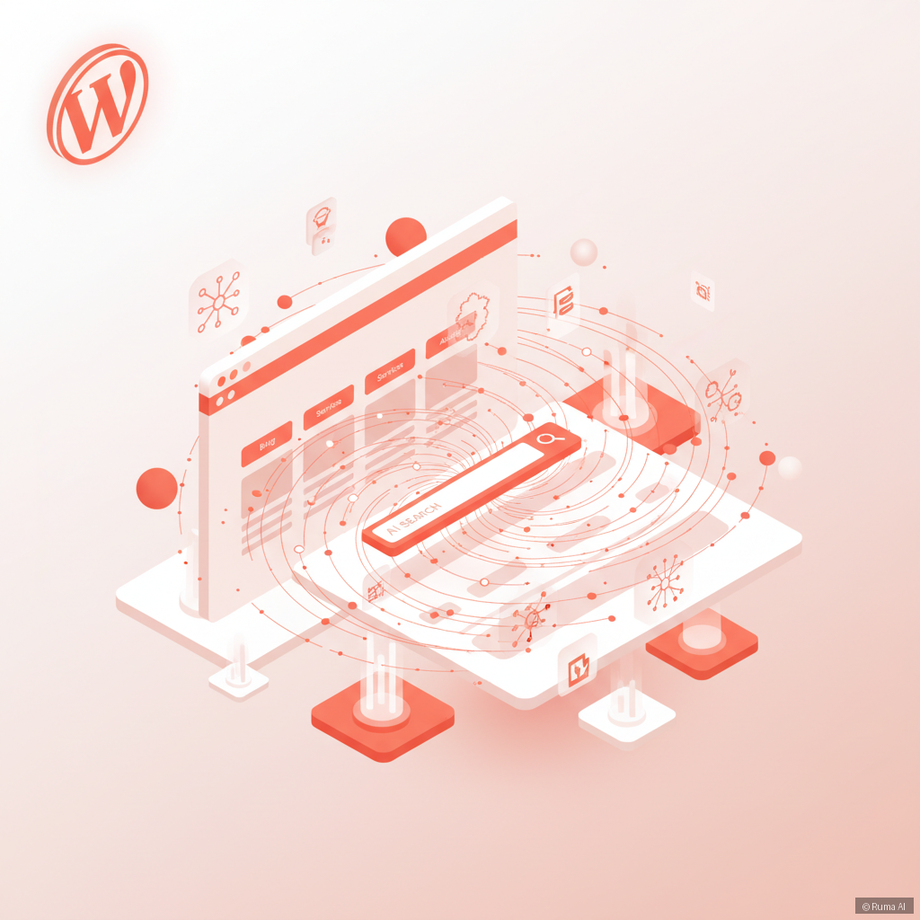 isometric 3D illustration of a WordPress website glowing with AI search signals, coral and white color palette, clean minimal style with floating data nodes