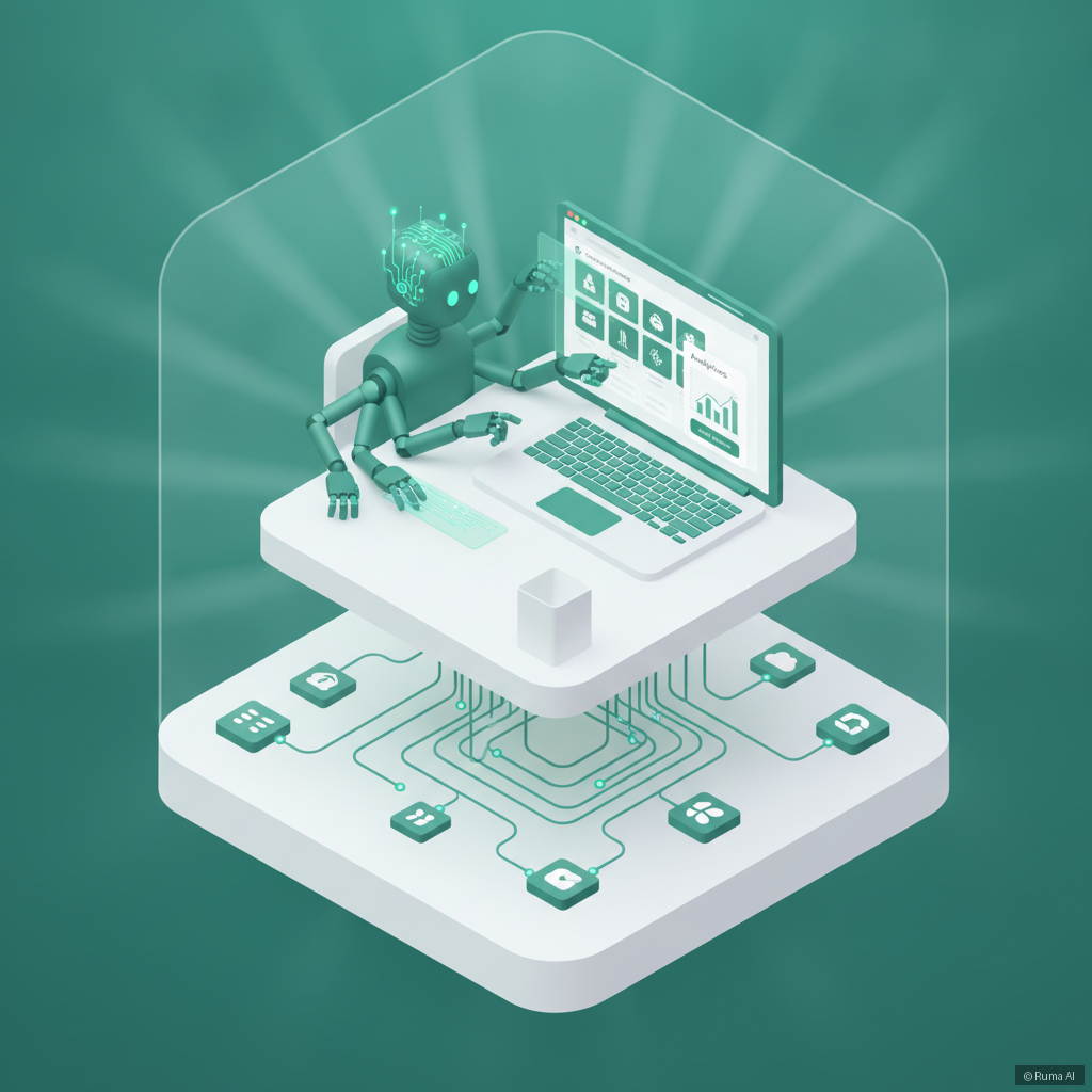 isometric 3D illustration of an AI agent managing a Shopify storefront on a laptop, emerald green and white color scheme, clean minimal style