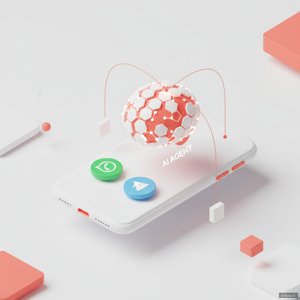 isometric 3D illustration of a smartphone showing WhatsApp and Telegram icons connected to an AI agent brain, coral and white color palette, clean minimal style