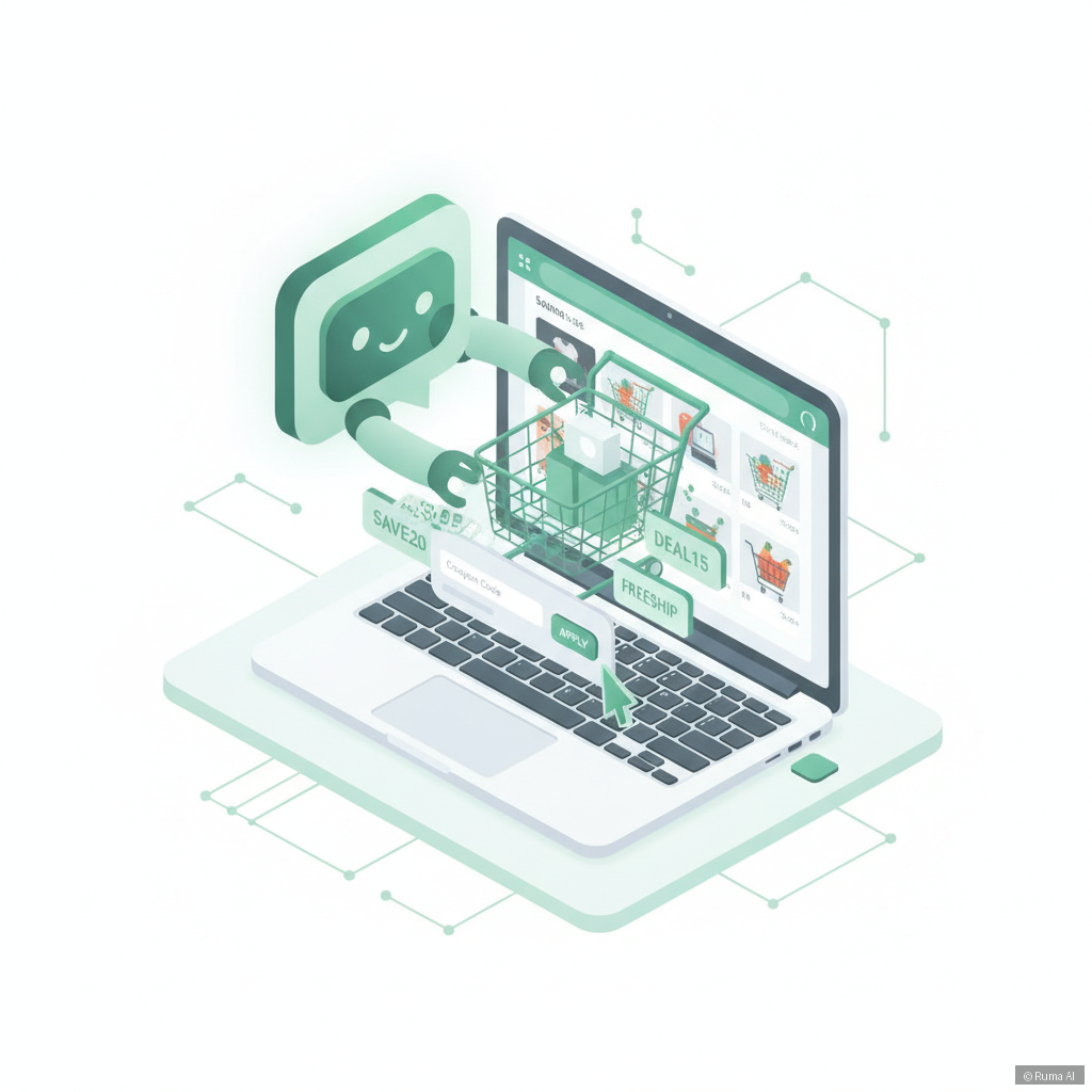 isometric 3D illustration of AI chatbot managing shopping cart and coupon codes on a laptop screen, emerald green and white color palette, clean minimal style