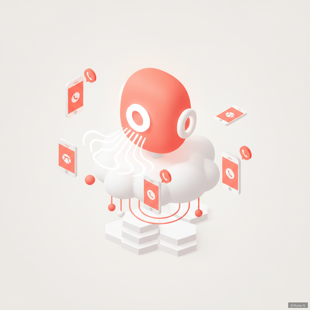 isometric 3D illustration of AI voice assistant answering phone calls, coral and white color palette, clean minimal style with floating sound waves