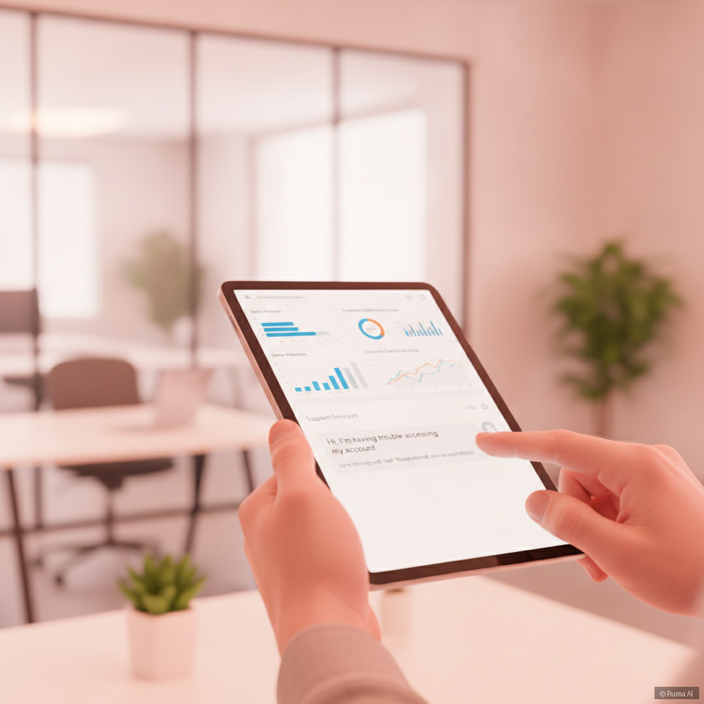 photorealistic close-up of hands reviewing a CRM dashboard on a tablet with a chat transcript visible, warm coral and white lighting, modern office setting