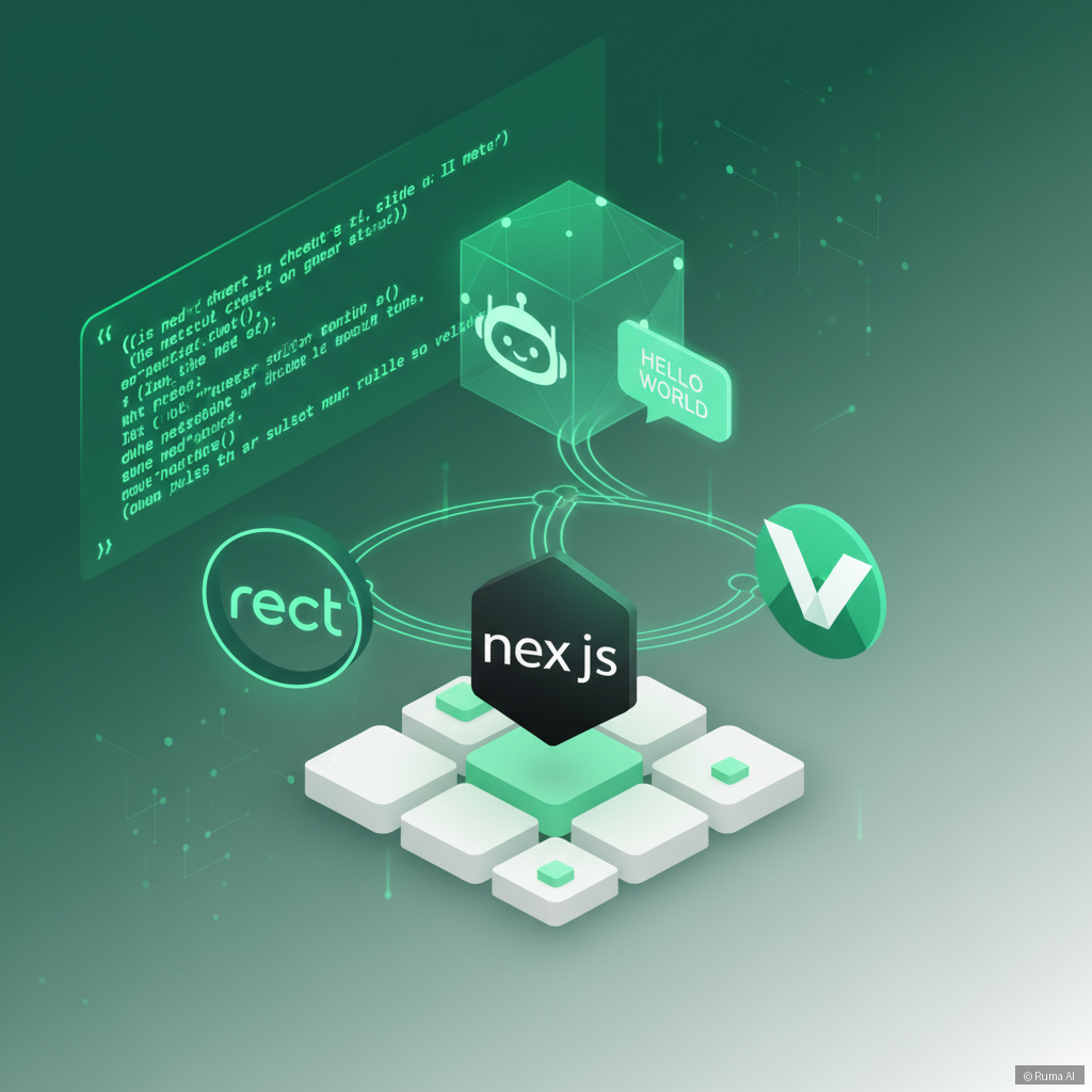 isometric 3D illustration of a single glowing code snippet connecting to an AI chatbot interface across React, Next.js and Vue logos, emerald green and white color palette, clean minimal tech aesthetic