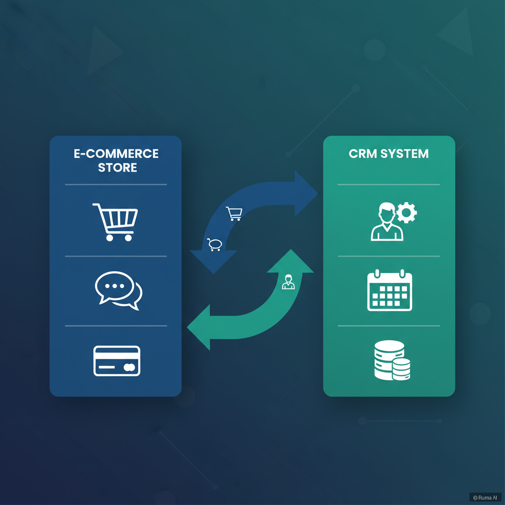 flat vector illustration of data flowing between an e-commerce store and a CRM system, deep blue and emerald green palette, clean infographic style with icons for cart, chat, and customer profile