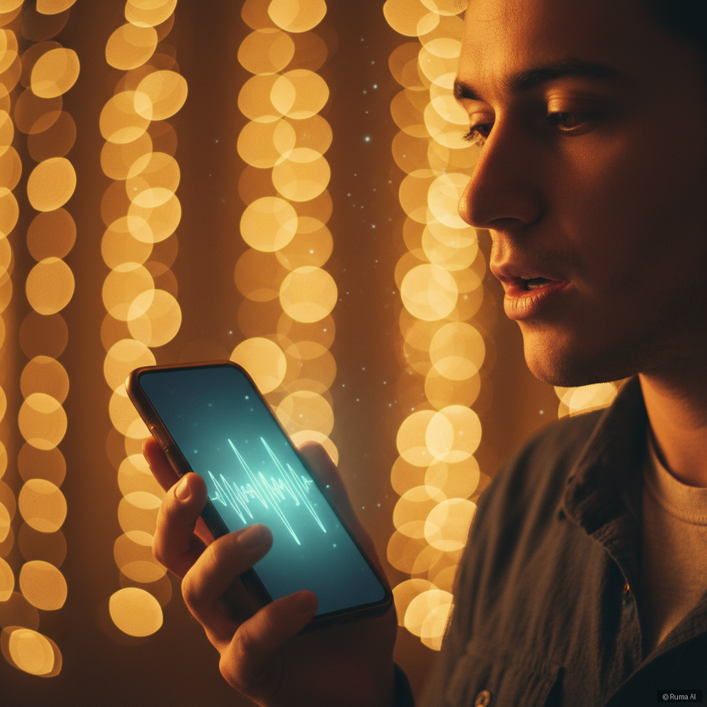 photorealistic close-up of a person speaking into a smartphone, warm amber lighting, AI waveform visualization glowing on screen, bokeh background