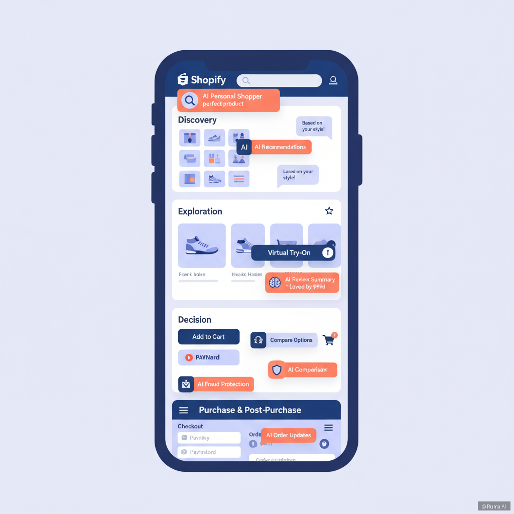 flat vector illustration of a customer journey through a Shopify store with AI touchpoints highlighted in coral orange and deep blue, mobile-first layout with chat bubbles and cart icons