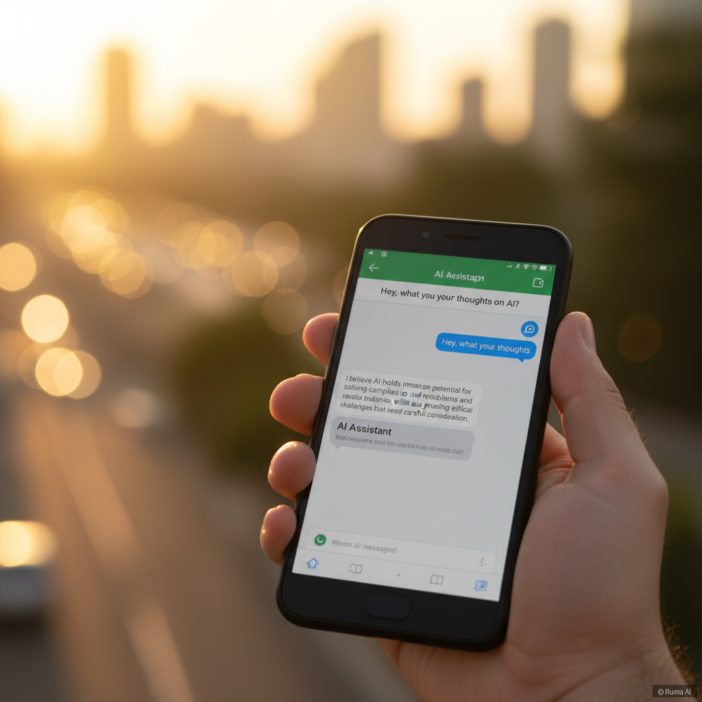 photorealistic hand holding a smartphone showing an AI chat conversation on WhatsApp, warm golden lighting, shallow depth of field bokeh background