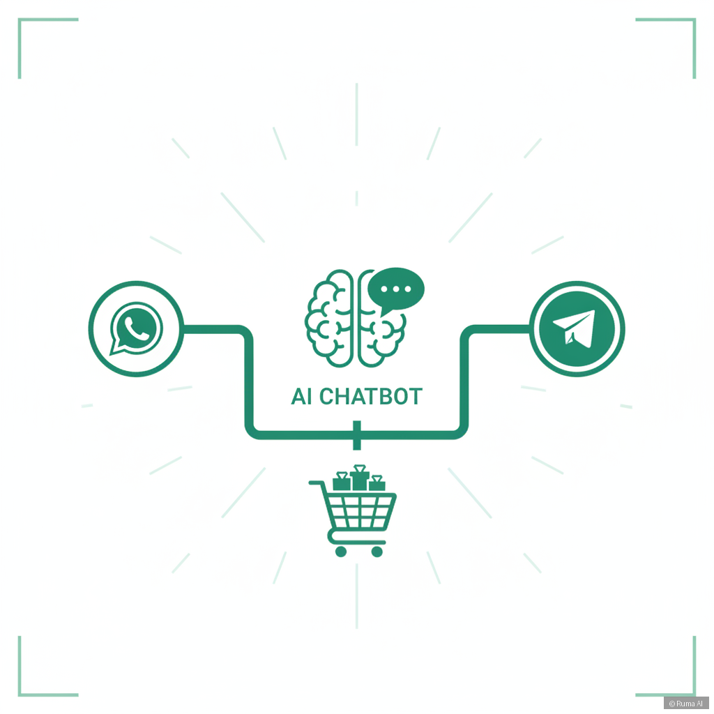 flat vector illustration of WhatsApp and Telegram icons connected to AI chatbot with shopping cart, emerald green and white palette, clean minimal style
