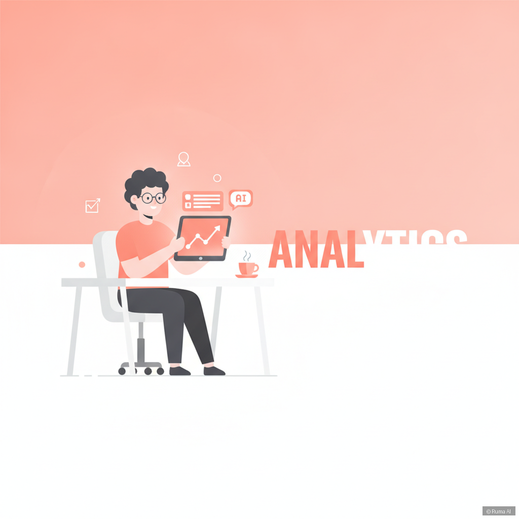 flat vector illustration of a small business owner reviewing AI chat analytics on a tablet, warm coral and white color palette, modern minimalist style with upward trending graph