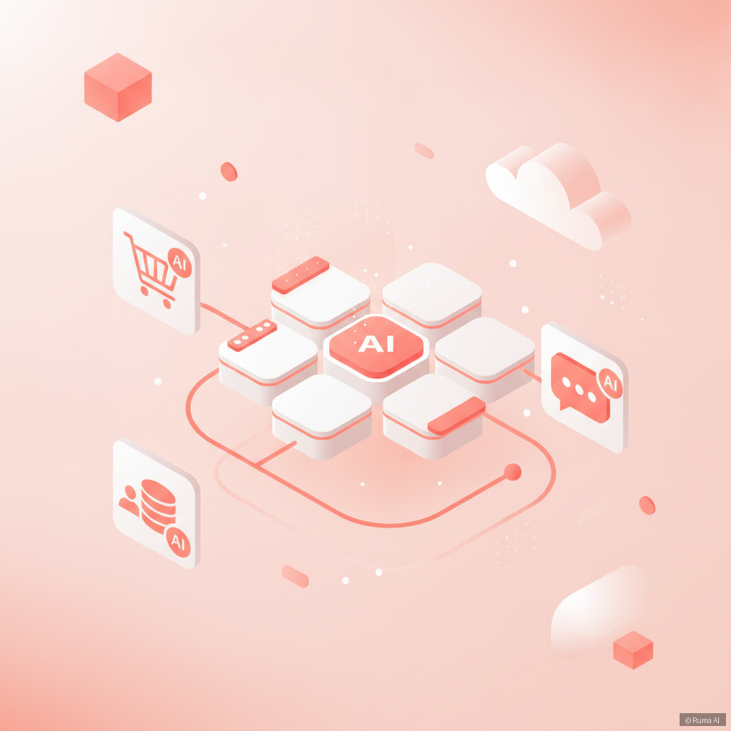 isometric 3D illustration of a unified AI platform dashboard connecting shopping cart, CRM, and chat icons, coral and white color palette, clean minimal style