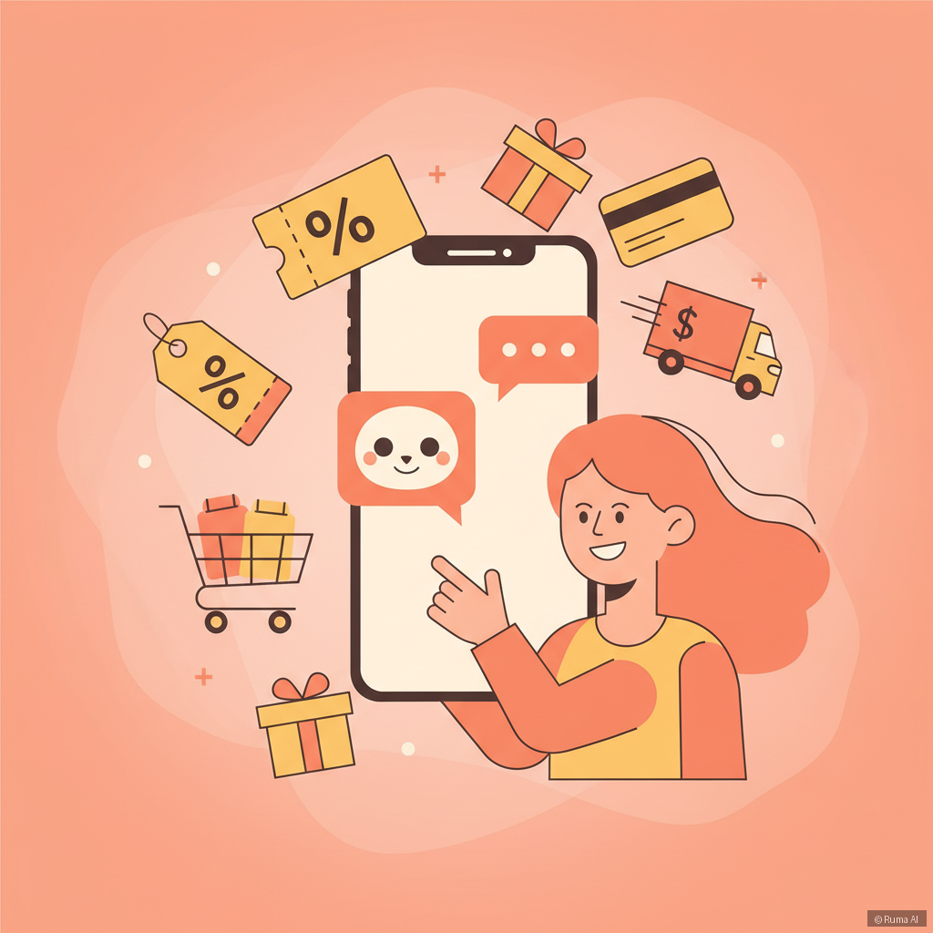 flat vector illustration of a customer chatting with AI on mobile phone, warm coral and gold color palette, e-commerce icons like shopping cart and coupon tags floating around the screen