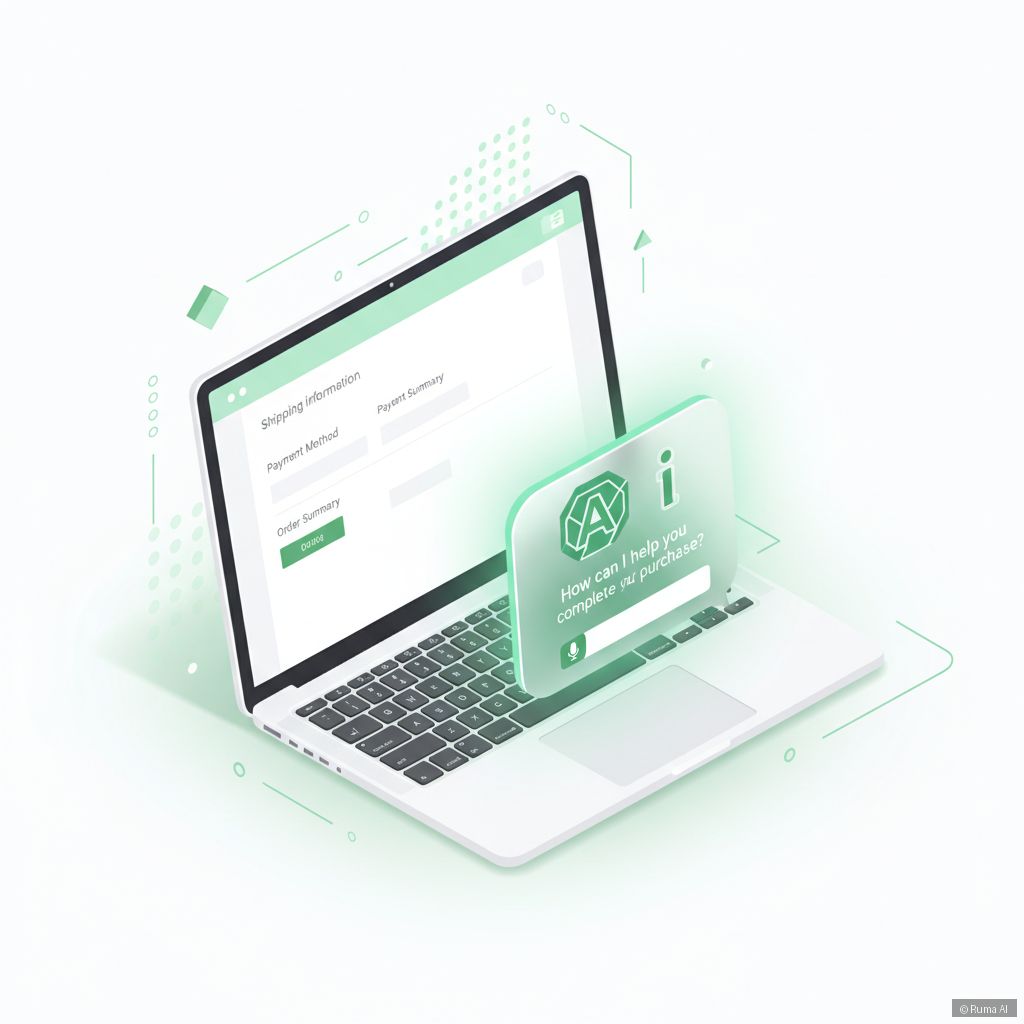 isometric 3D illustration of a glowing AI chat widget embedded in a laptop showing a checkout page, emerald green and white color palette, clean minimal style