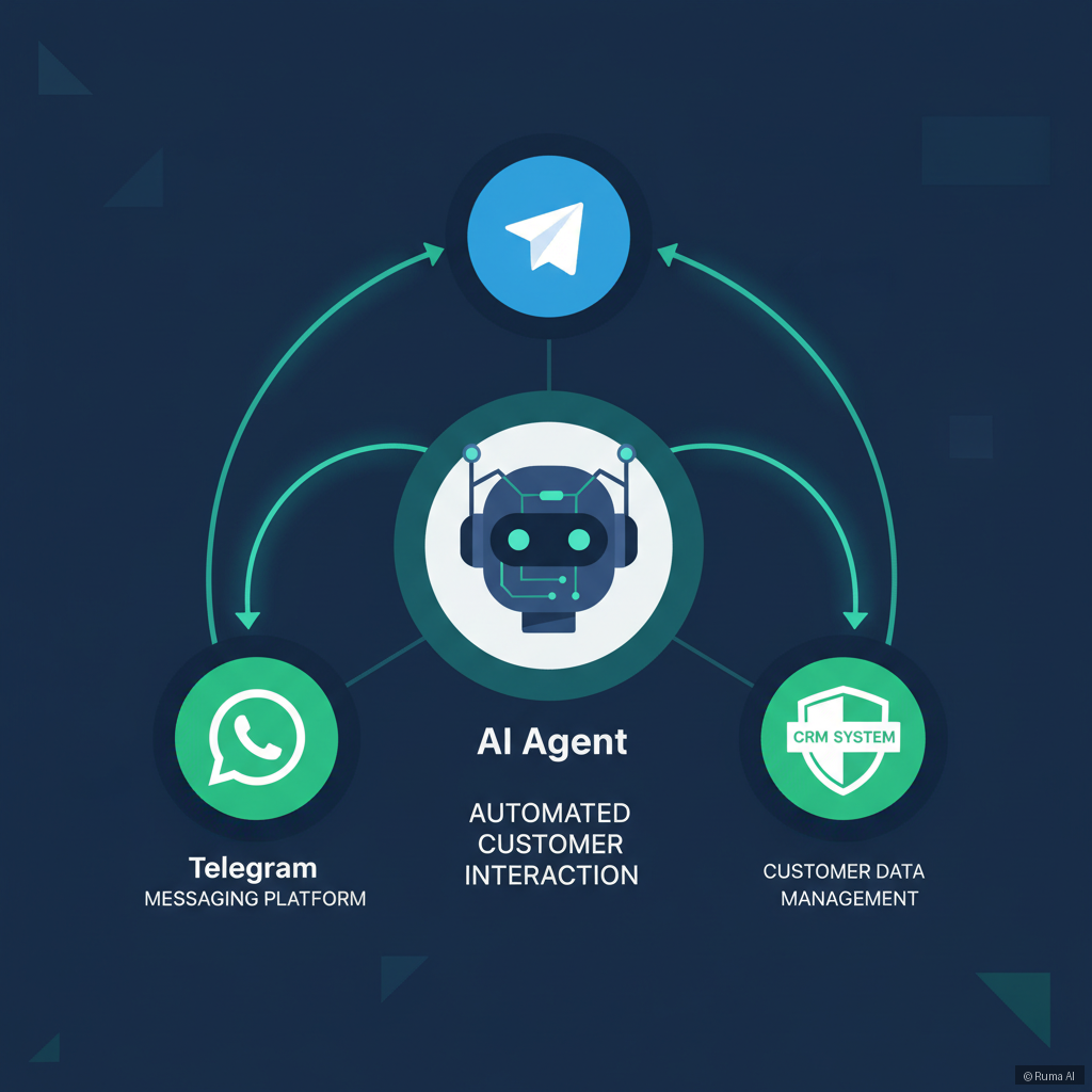 flat vector illustration of an AI agent workflow connecting Telegram, WhatsApp, and a CRM system, deep blue and emerald green palette, infographic style