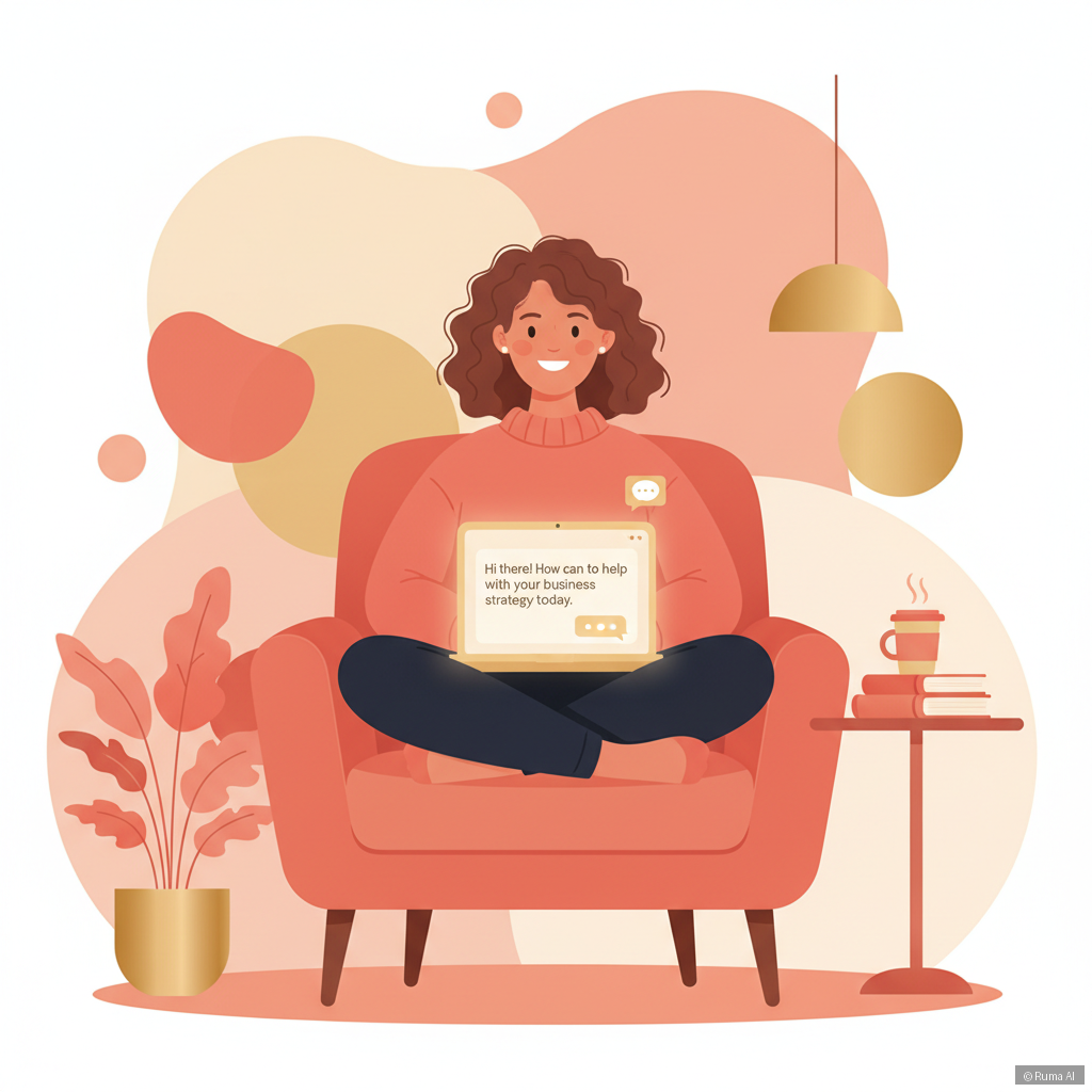 flat vector illustration of a small business owner on laptop with AI chat widget open, warm coral and gold color palette, friendly and approachable style