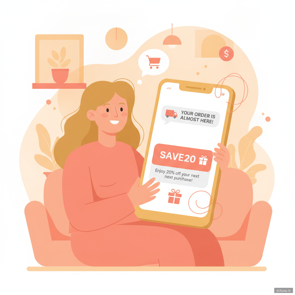 flat vector illustration of a customer on mobile phone receiving order update and coupon code via chat, warm golden and coral color palette, friendly and modern style