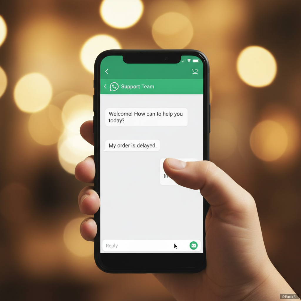 photorealistic hand holding a smartphone with a WhatsApp-style customer support chat open, warm golden bokeh lighting, modern and clean aesthetic