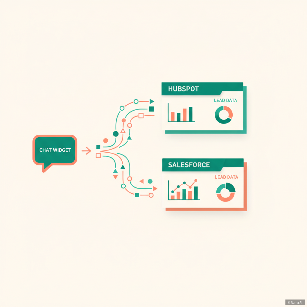flat vector illustration of lead data flowing from chat widget into HubSpot and Salesforce dashboards, emerald green and coral palette, clean infographic style