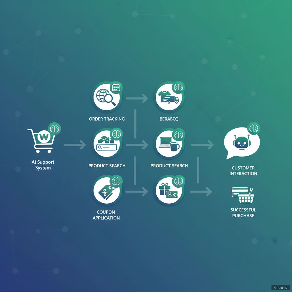 flat vector illustration of a WooCommerce store's AI support workflow showing order tracking, product search, and coupon application flowing between icons, deep blue and emerald green palette, infographic style