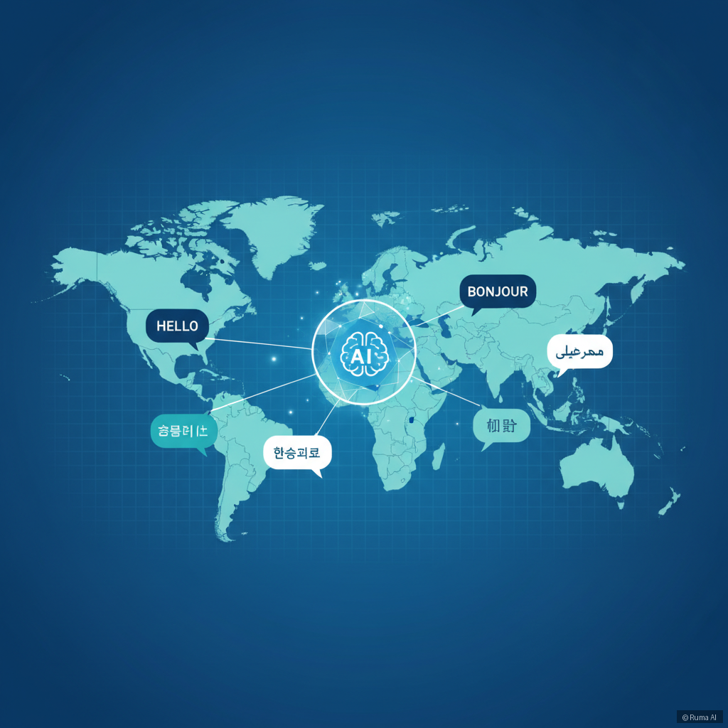 flat vector illustration of a world map with chat bubbles in different languages connecting to a central AI hub, deep blue and teal color palette, infographic style