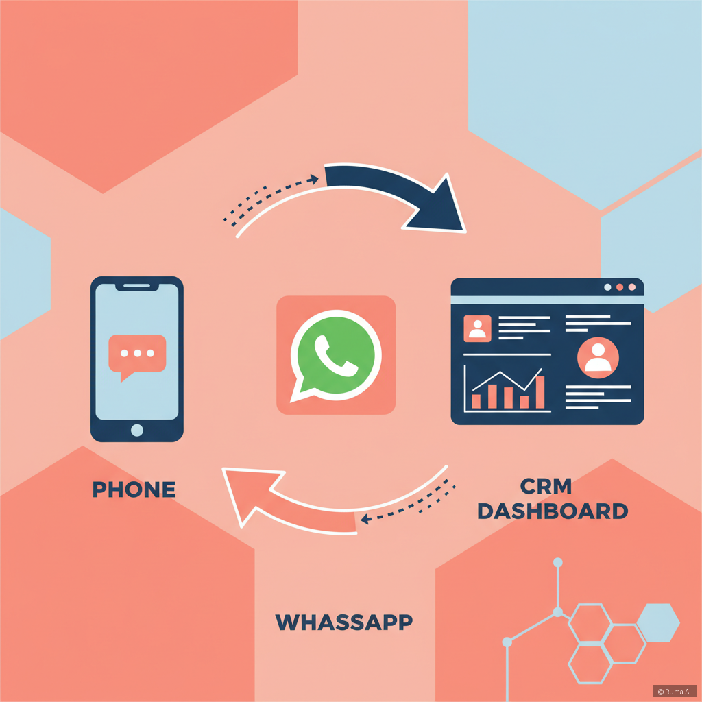 flat vector illustration of a customer support conversation flowing between phone, WhatsApp, and CRM dashboard, warm coral and deep blue palette, data flow arrows connecting icons