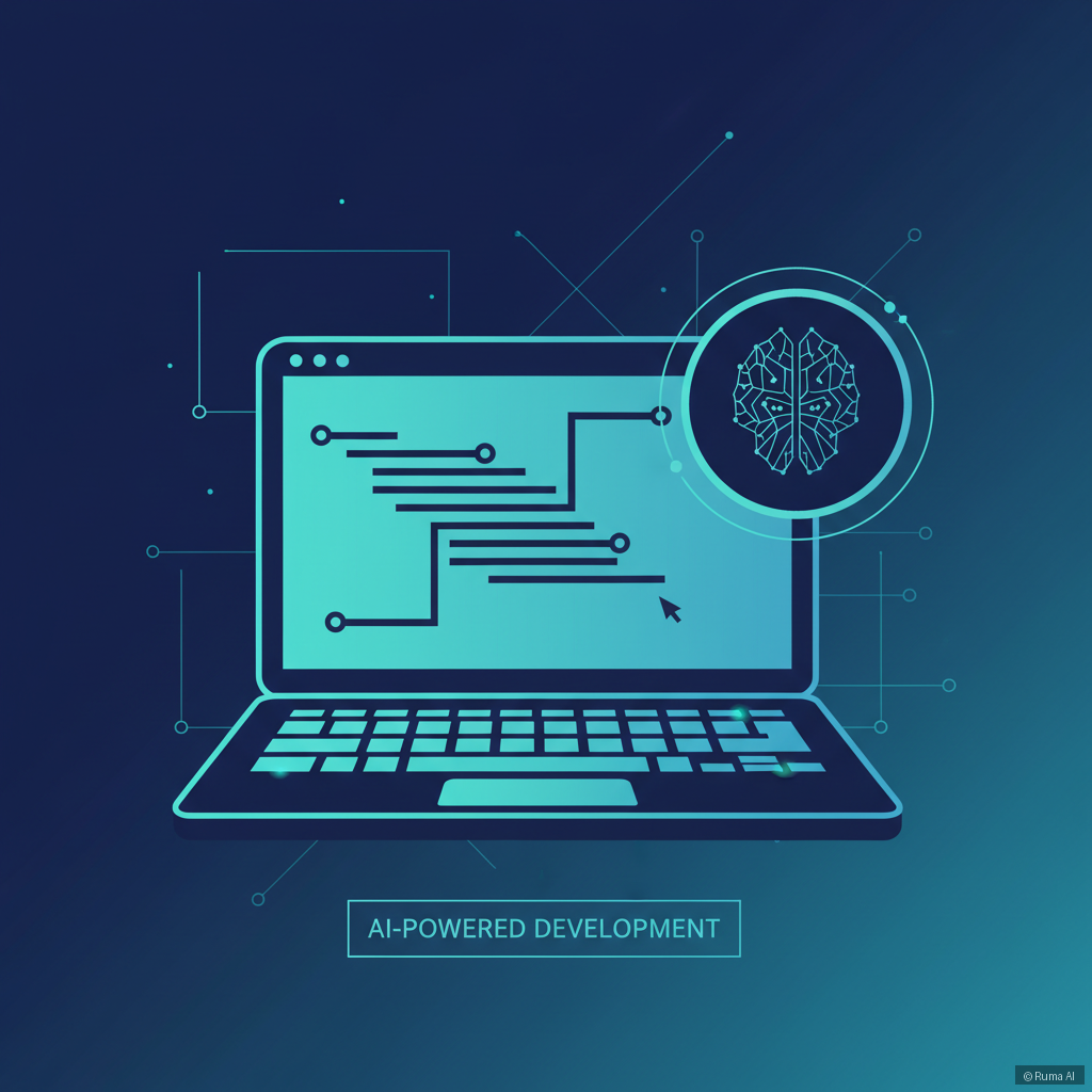 flat vector illustration of a developer's laptop with one line of code connecting to a floating AI agent interface, deep blue and teal color palette, clean infographic style