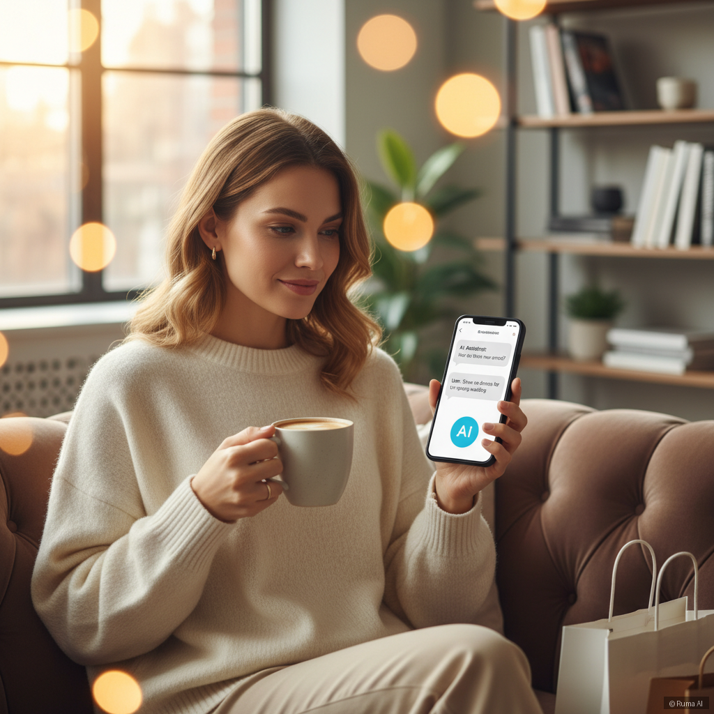 photorealistic woman shopping on mobile phone with AI chat bubble appearing on screen, warm golden bokeh lighting, modern lifestyle feel