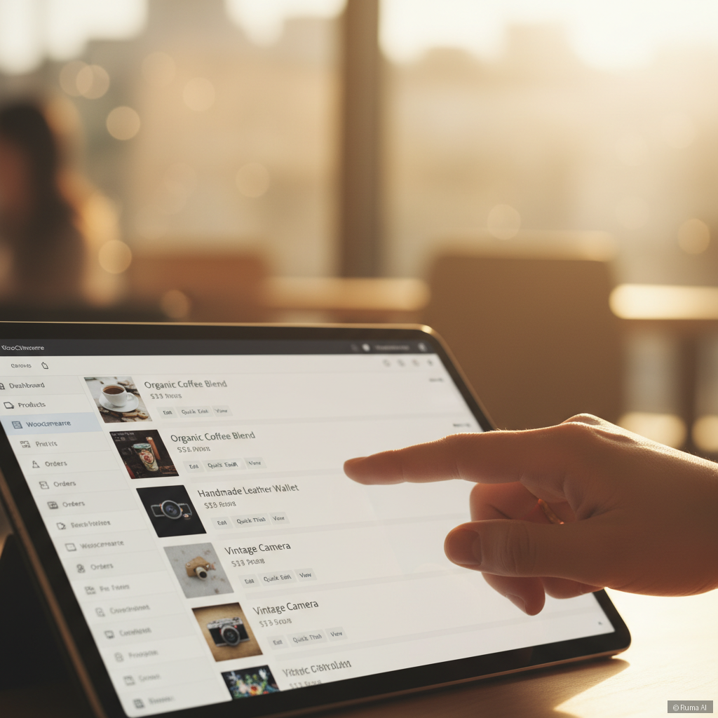 photorealistic hand tapping a WordPress admin dashboard on a tablet, warm golden lighting with soft bokeh background, WooCommerce product grid visible on screen