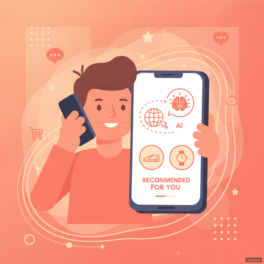 flat vector illustration of a customer on a phone receiving instant AI-powered order tracking and product recommendation, warm coral and gold color palette, modern e-commerce theme