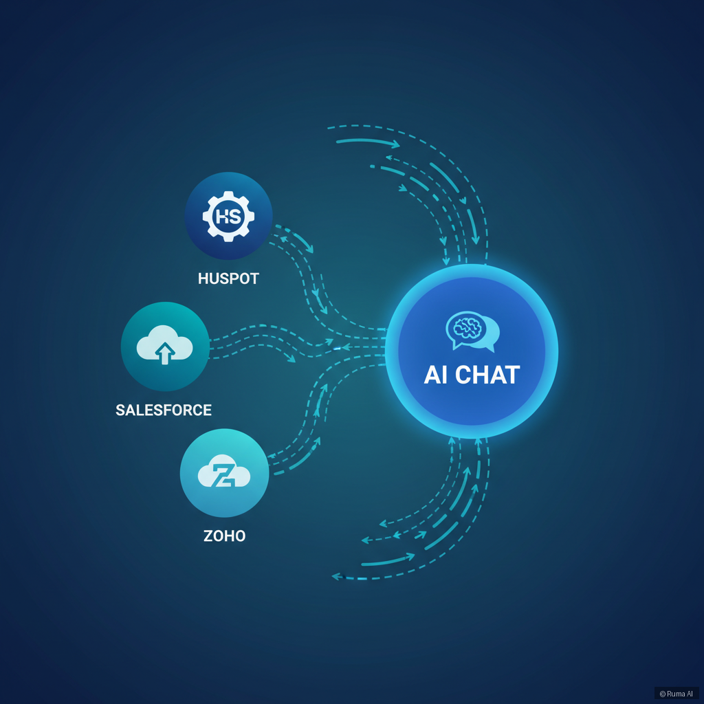 flat vector illustration of data flowing between AI chat and CRM systems, deep blue and teal palette, clean modern icons for HubSpot Salesforce and Zoho