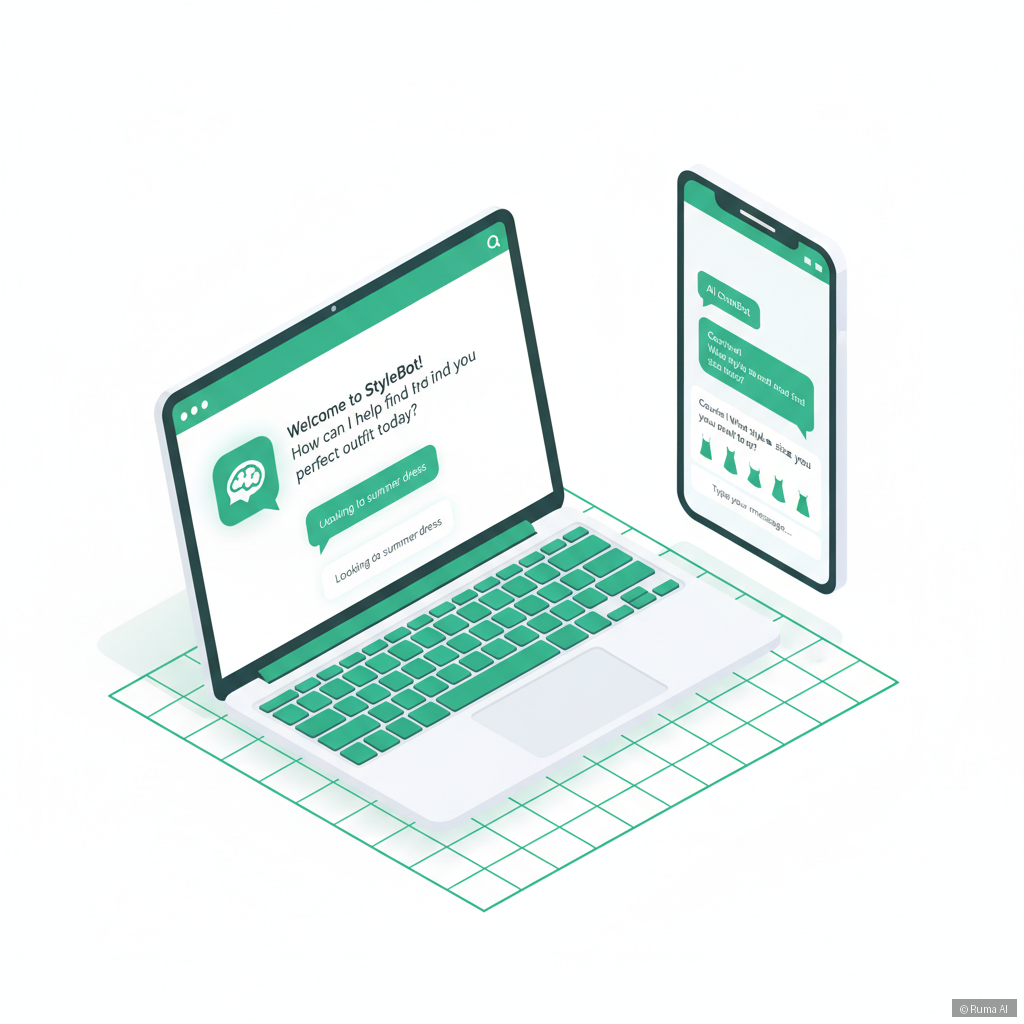 isometric 3D illustration of an AI chatbot interface on a laptop and mobile screen for an online store, emerald green and white color palette, clean and modern