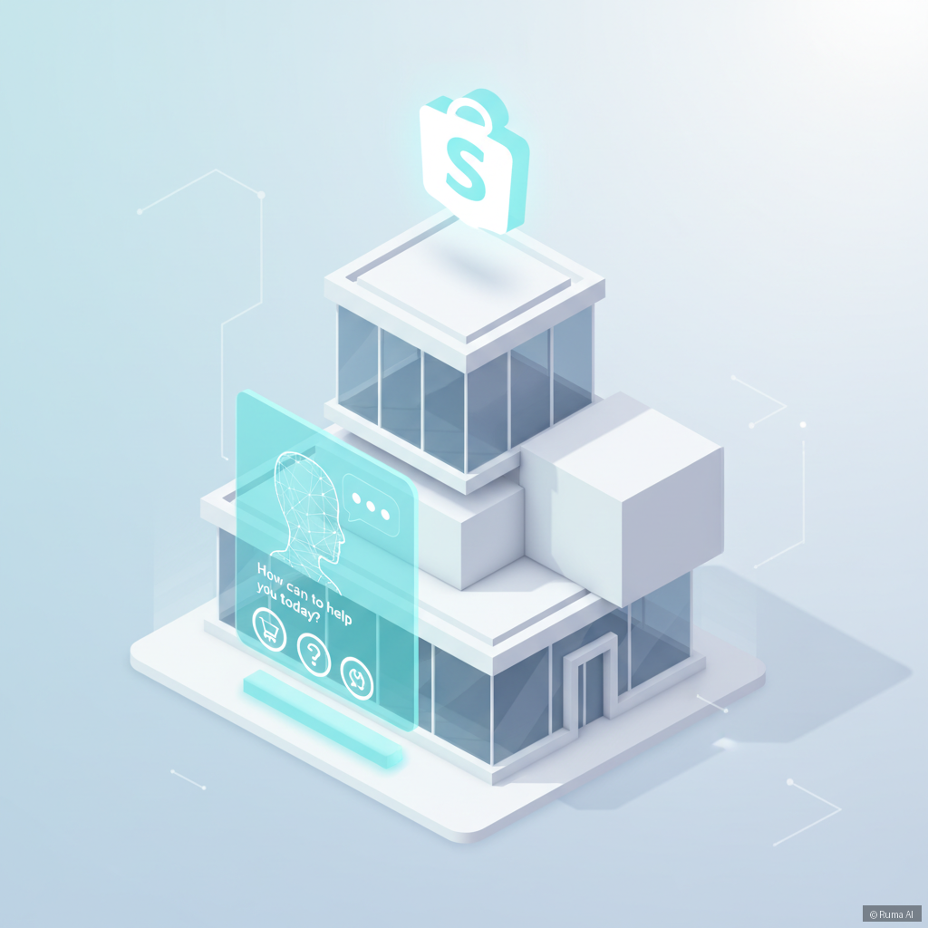 isometric 3D illustration of a Shopify storefront with an AI chatbot interface glowing in teal and white, clean minimal design, modern e-commerce feel