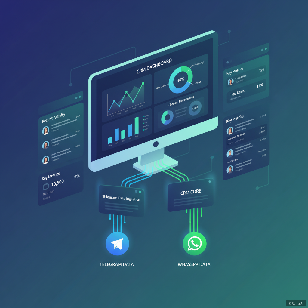 flat vector illustration of a CRM dashboard receiving data from Telegram and WhatsApp channels, deep blue and emerald green color palette, modern infographic style