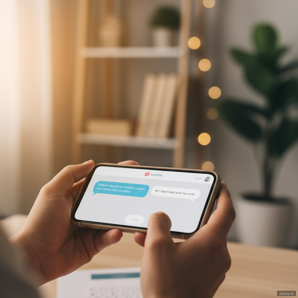 photorealistic close-up of a person's hands on a smartphone with a live chat support conversation on screen, warm golden lighting, soft bokeh background, e-commerce context