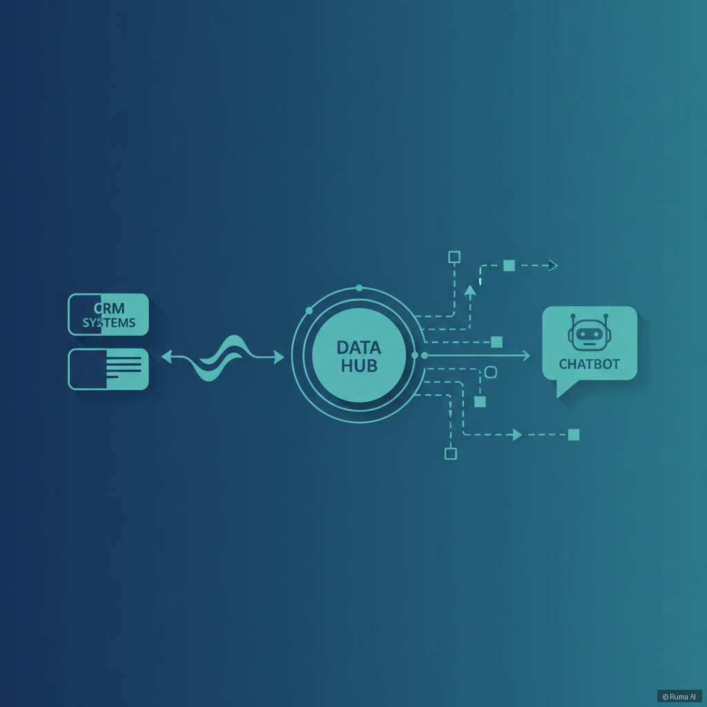 flat vector illustration of data flowing between CRM systems and chatbot, deep blue and teal palette, clean modern style