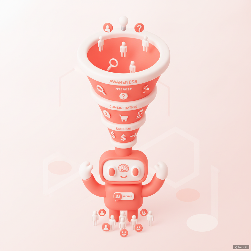 isometric 3D illustration of a funnel with AI chatbot at the bottom catching customers, coral and white color palette, clean minimal design