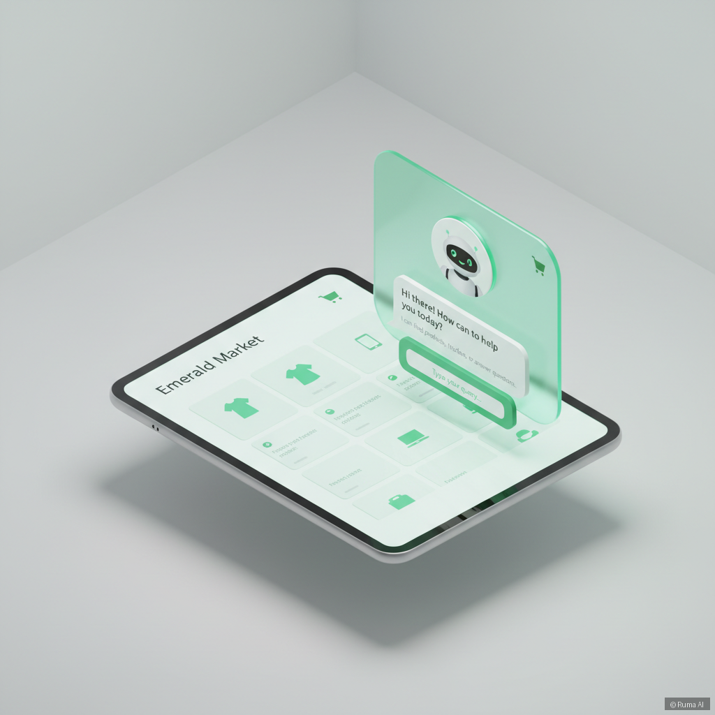 isometric 3D illustration of AI chatbot interface on a Shopify store screen, emerald green and white color palette, clean minimal product cards visible in background