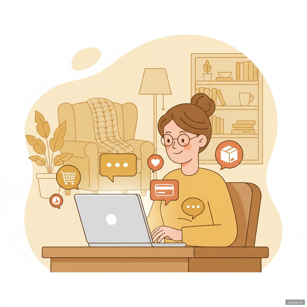 flat vector illustration of a small business owner at a laptop, warm golden tones, with chat bubbles and order icons flowing around the screen, cozy home office setting